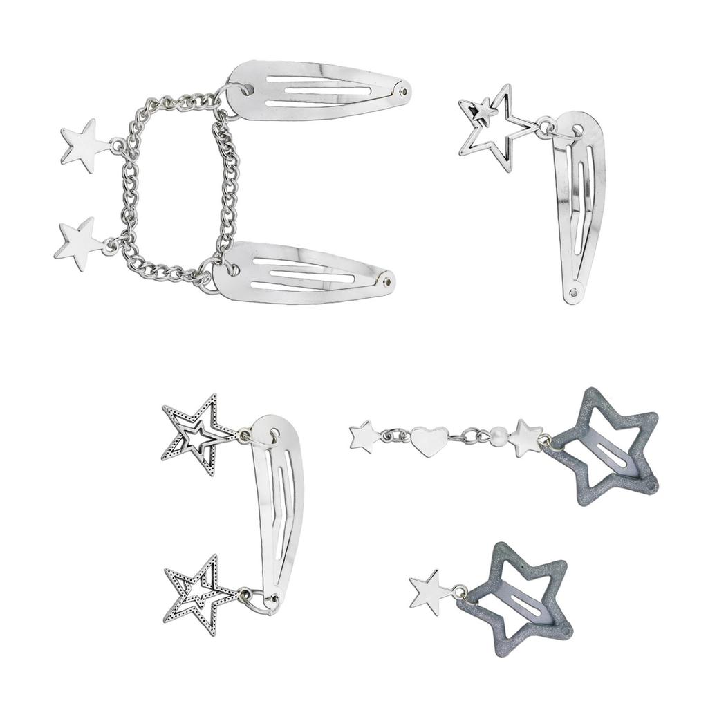 10Pcs/5Pcs Star Pendant Hair Clips Unique Pentagrams Barrettes for Women Hair Accessories Metal Chain Gothic Hair Pins
