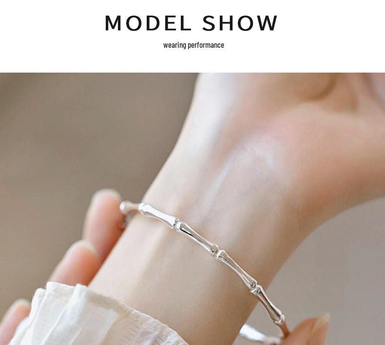 999 Sterling Silver Open Bamboo Joint Bracelet: Polished & Matte, Young Style, Solid Silver, Women's Thin Design.