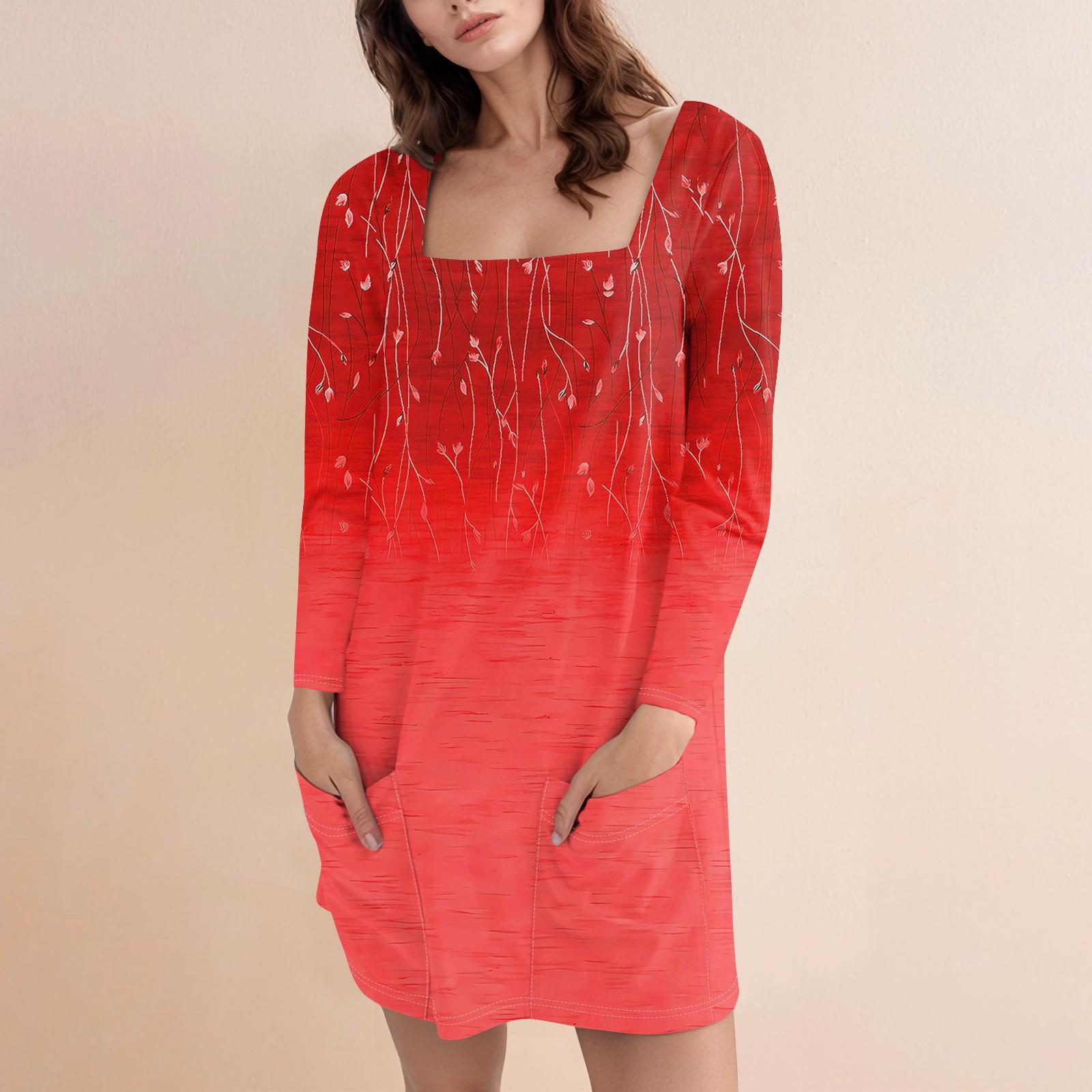 

Женское модное повседневное однотонное короткое платье с квадратным вырезом и длинным рукавом XL киноварь