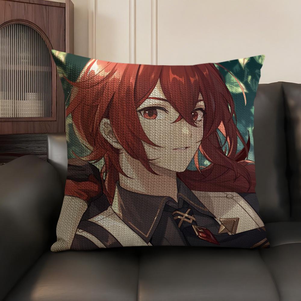 Diluc Cute Genshin Impact Cushion Cover Natural Linen Organic Fabric DoubleSided Printing Sofa Home Decor Gift Pillow Case