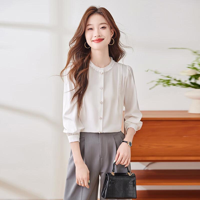 Trolaman Women s Ruffle Trim Long Sleeve Round Neck Blouse 3XL