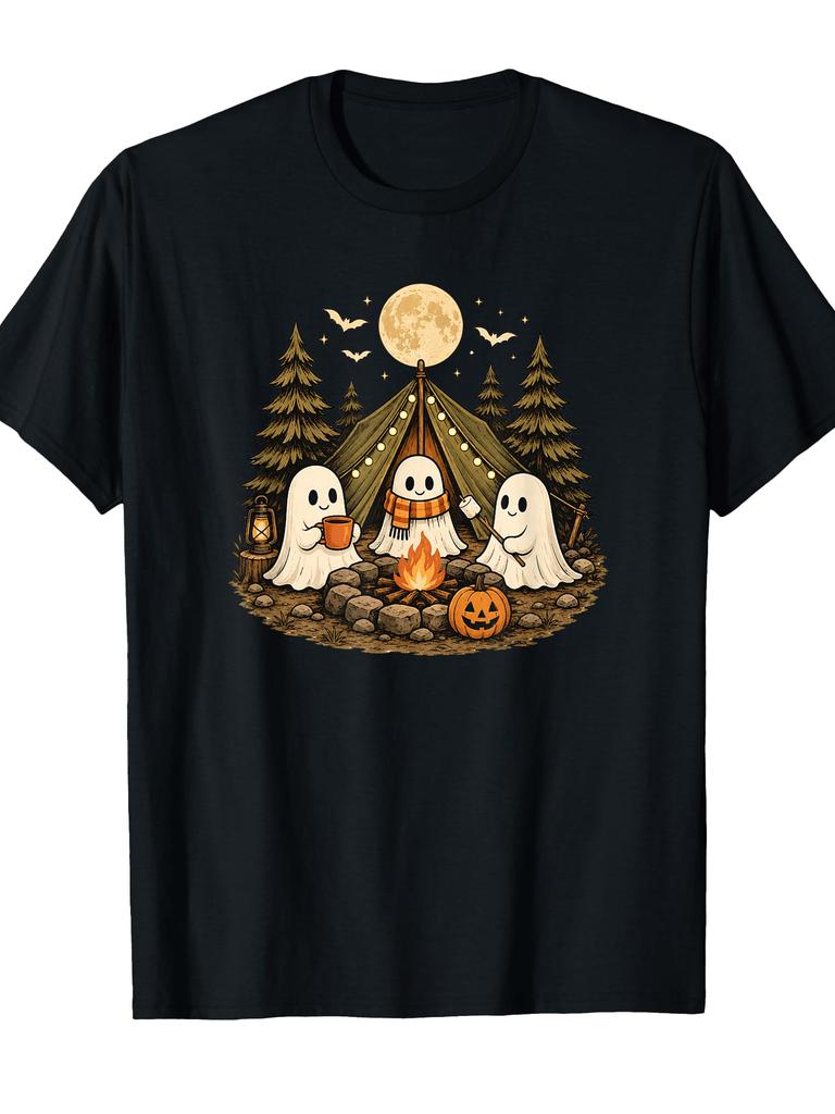 Unisex T-shirt Halloween Camping Ghosts Campfire Cozy Fall Graphic T-Shirt
