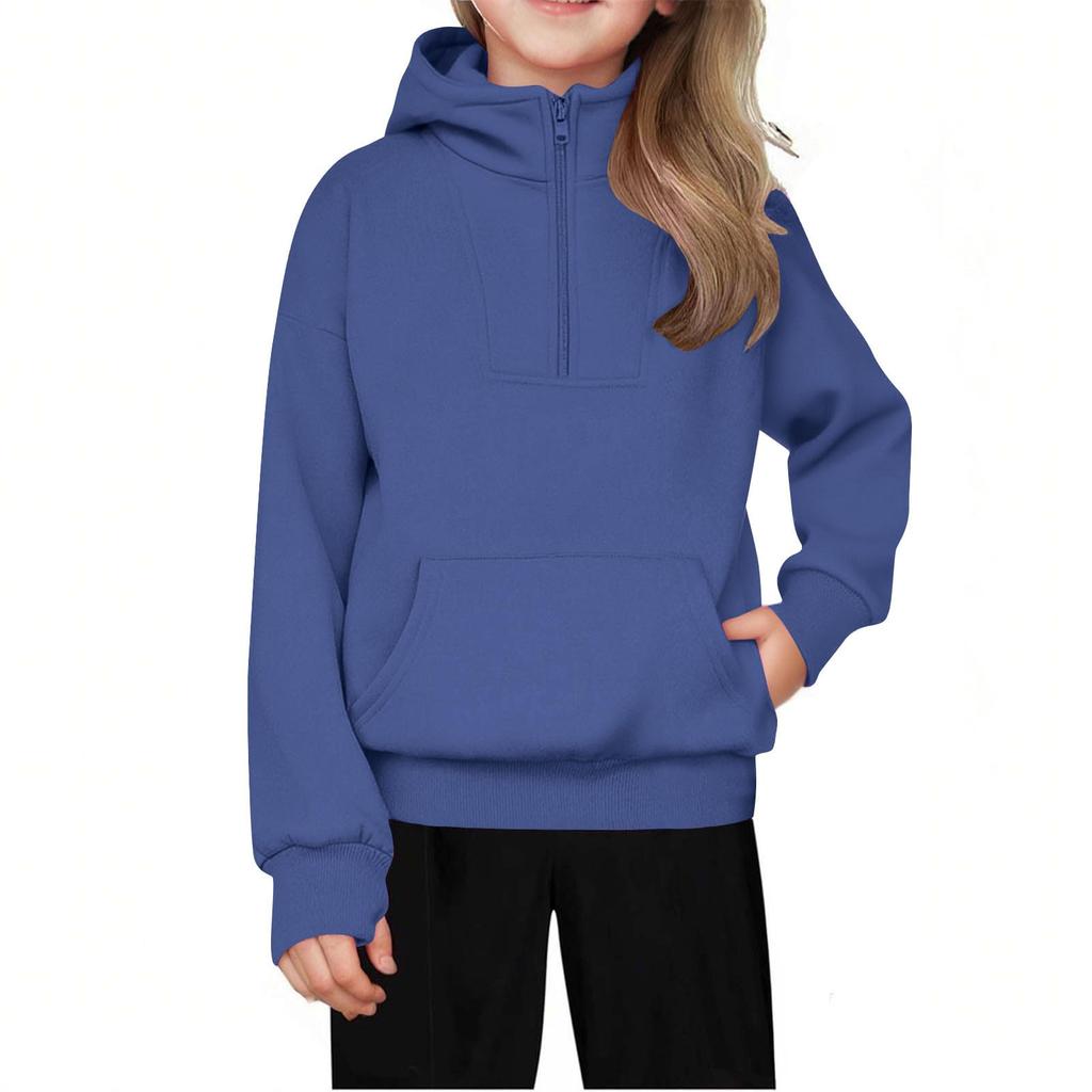 Children's Relaxed Fit Half-Zip Sweatshirt Fleece-Lined Girls' Solid Color Hooded Sweatshirt