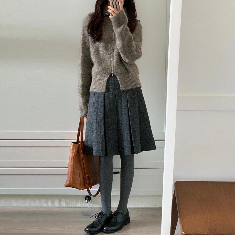 Gray Wool Pleated Maternity Skirt - Autumn/Winter Korean A-Line Mid-Length for Commuting L