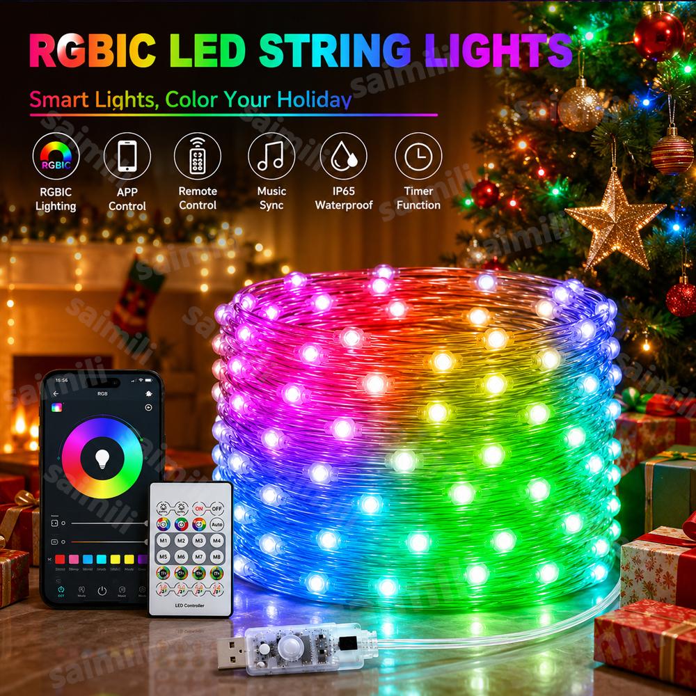 USB WS2812B RGBIC LED Fairy Lights Bluetooth Music Sync Color Changing Waterproof Garland For Home Holiday Party Decor Lighting