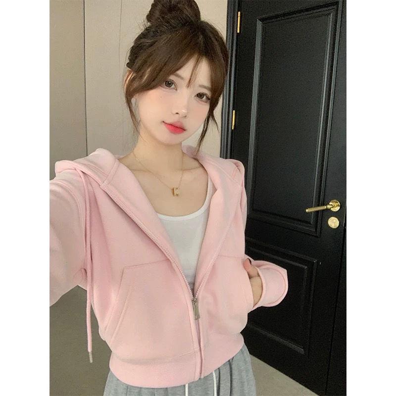 Women's White & Gray Hooded Cardigan Sweatshirt: 2025 Spring/Autumn Loose Fit Short American Style Baseball Jacket
