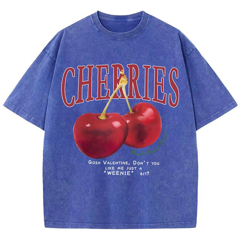 Damen Baumwolle Gewaschene T-Shirts Trend O-Ausschnitt Distressed Tops Frischer Roter Kirschen Druck Kurzarm Sommer Straße Damenkleidung