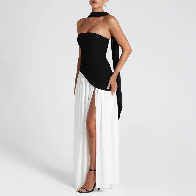 European and American spring/summer color blocked women's strapless slimming style street off shoulder dress