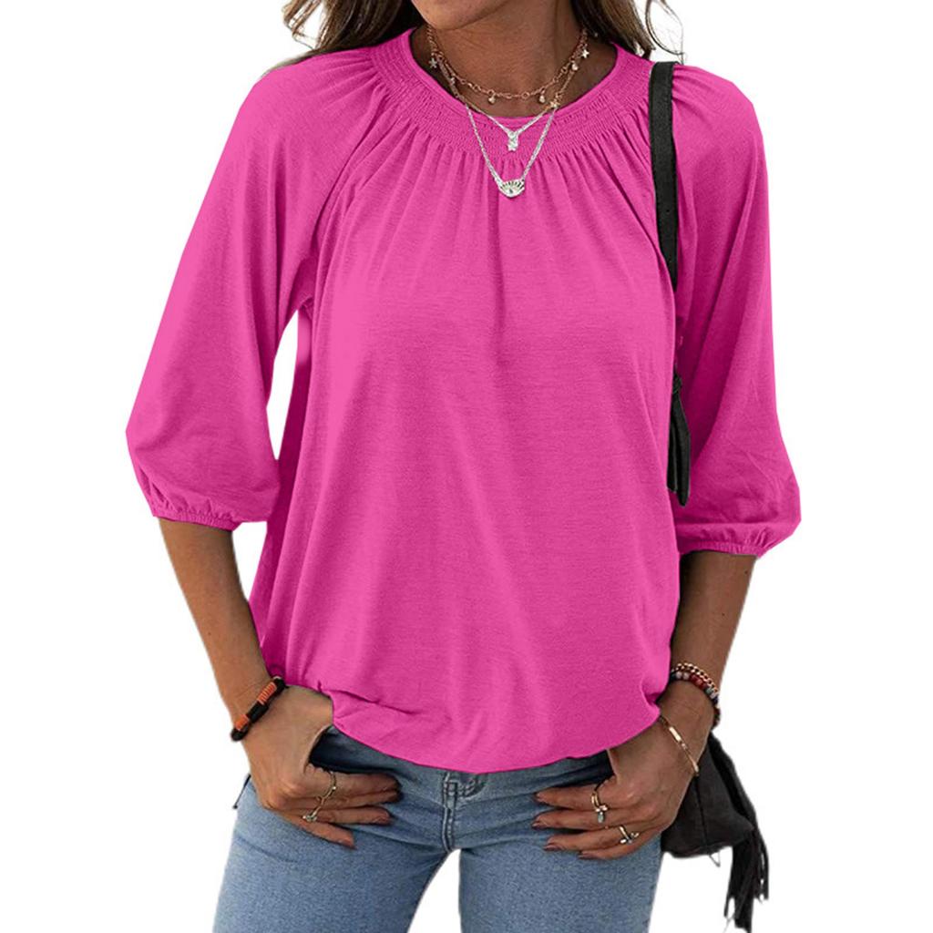 Women's Solid Color Round Neck T-Shirt Shirt Half Sleeve 3/4 Sleeve Casual Loose Pleated Basic Tops