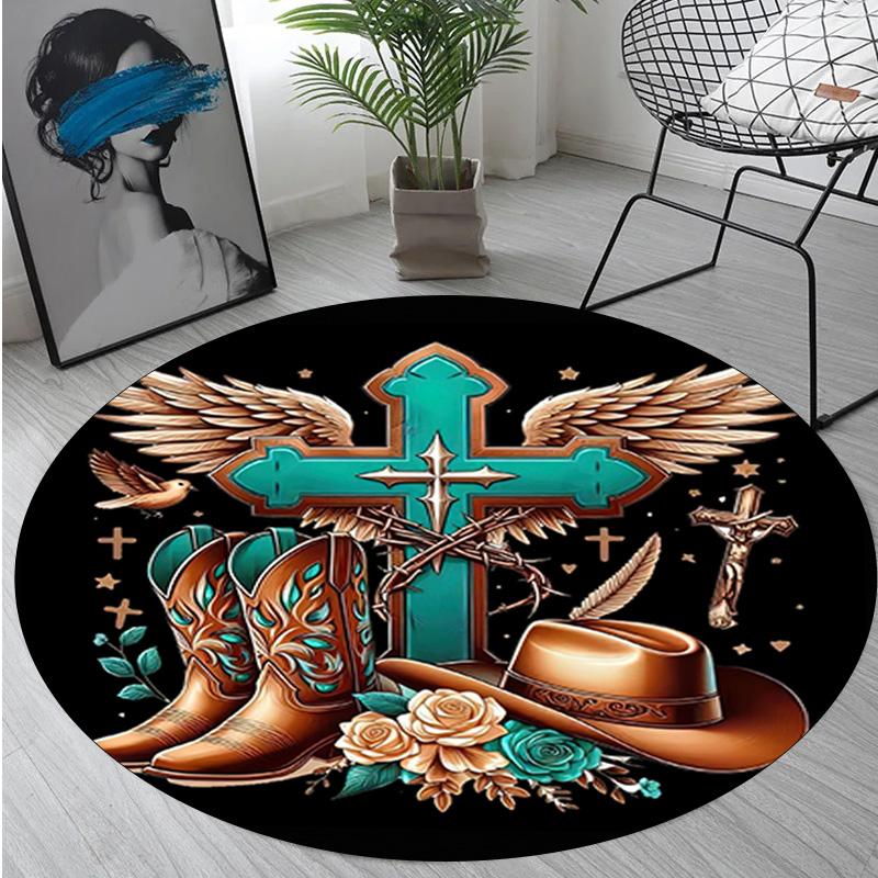1Pc Cowgirl Boots Hat Circular Print Rug - Home Decoration Carpet For Living Room Bedroom Flooring Computer Chair Area Rug