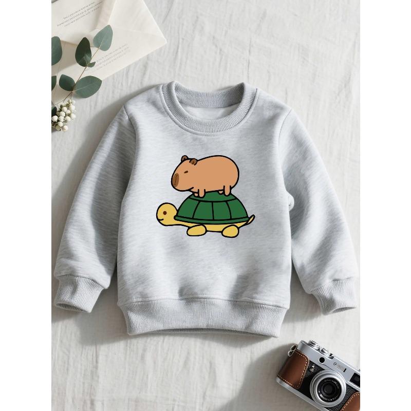 European sizes Kapibala And Turtle Animals children's crewneck sweatshirt, casual long-sleeve crewneck pullover with slightly stretchy fabric