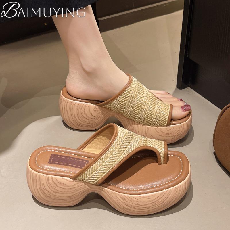 Women Square Toe Slippers Platform Sandals Clip Toe Casual Shoes 2025 Trend Summer Wedges Pumps Shallow Weave Flip Flops Mujer