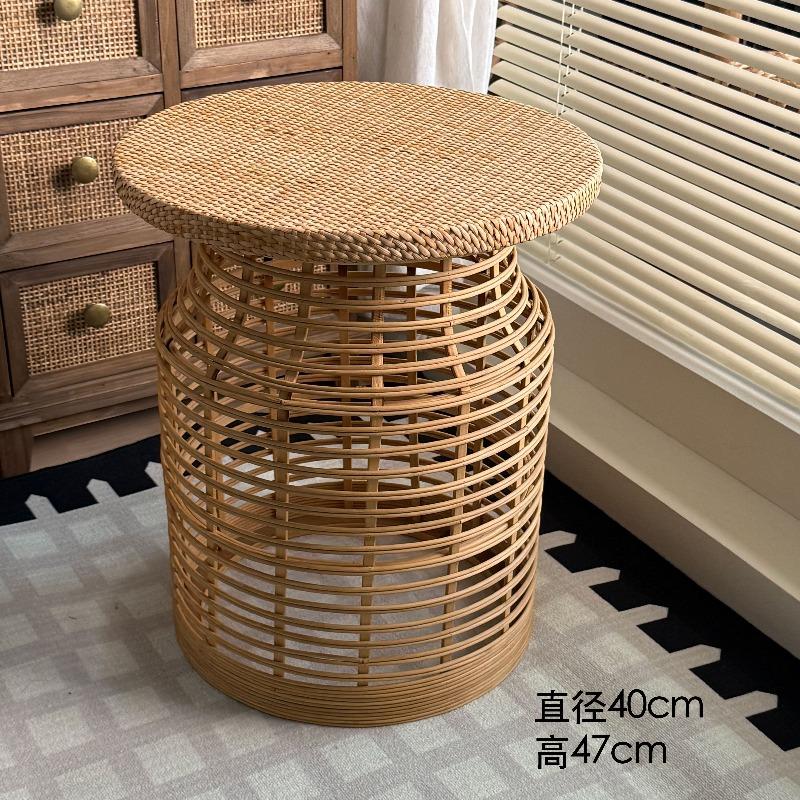 Handwoven Rattan Bamboo Storage Side Table, French Countryside Nightstand, Accent End Table - Boho Rustic Farmhouse Decor