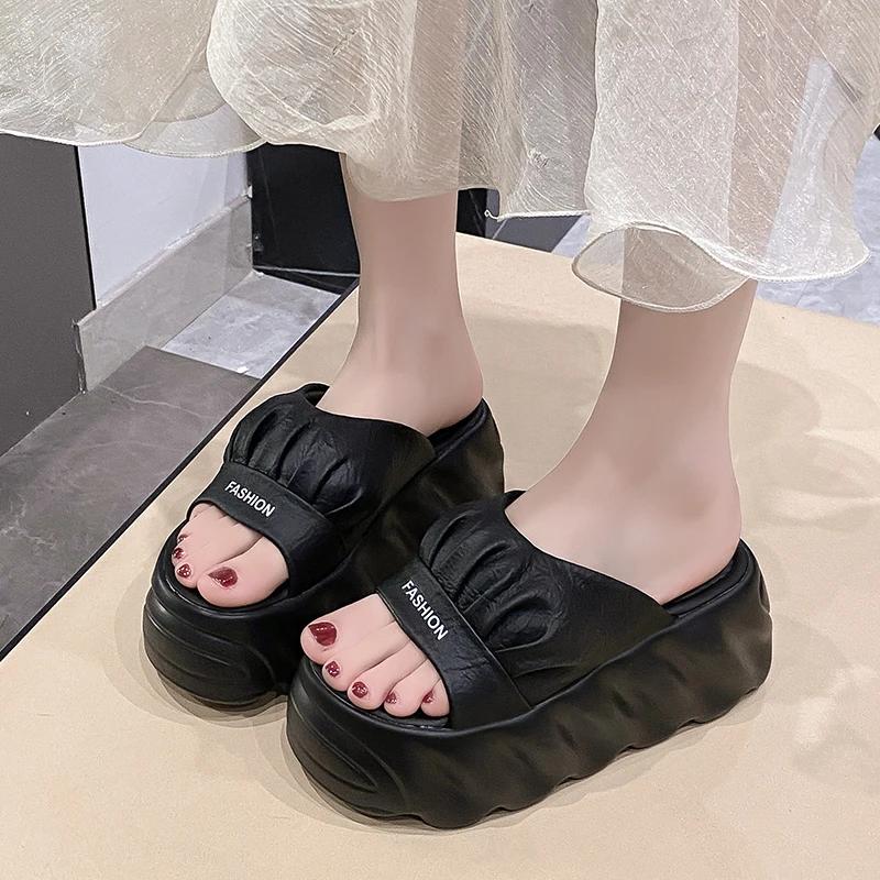 Fashion 8.5CM New Platform Slippers Women Summer Outdoor High Heels Leather Chunky Sandals Casual Peep Toe Flip-flops Beach Wedge Shoes