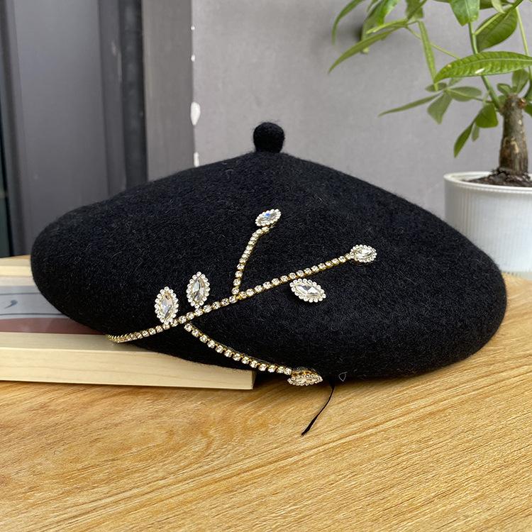 New Rhinestone Beret Fashionable Versatile Woolen Hat Autumn and Winter Three-dimensional Thickened Women's Painter Hat Tide
