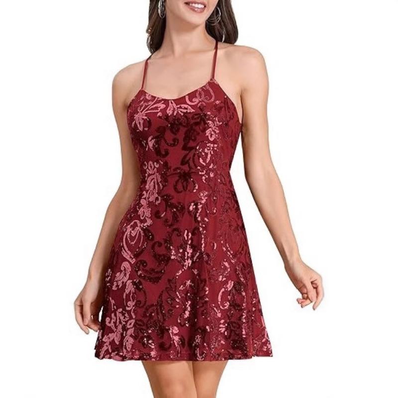 Women Sequined Loose V Neck Sleeveless Strap Cocktail Party Dress