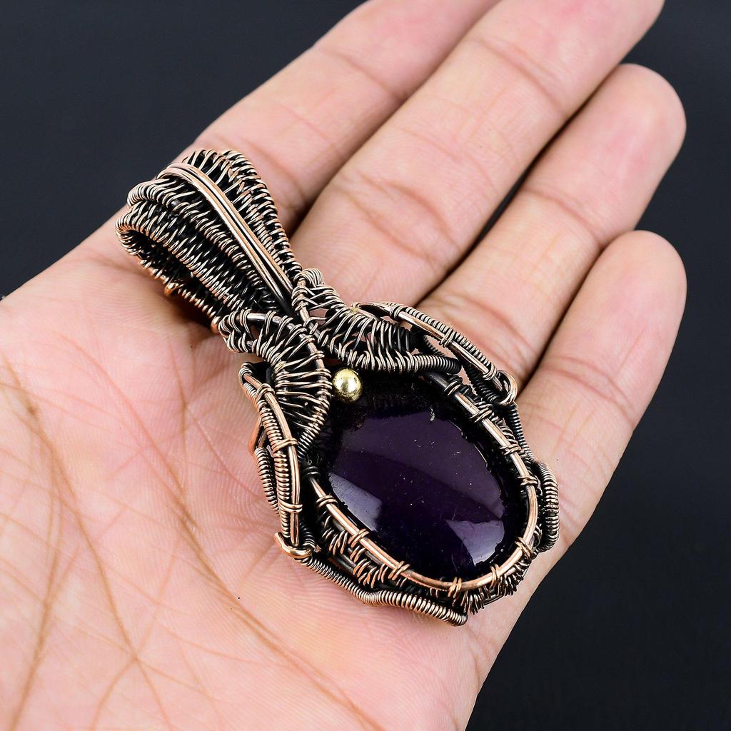 Unique Purple Flash Labradorite Gemstone Handmade Pure Copper Wire Wrapped Pendant Jewelry