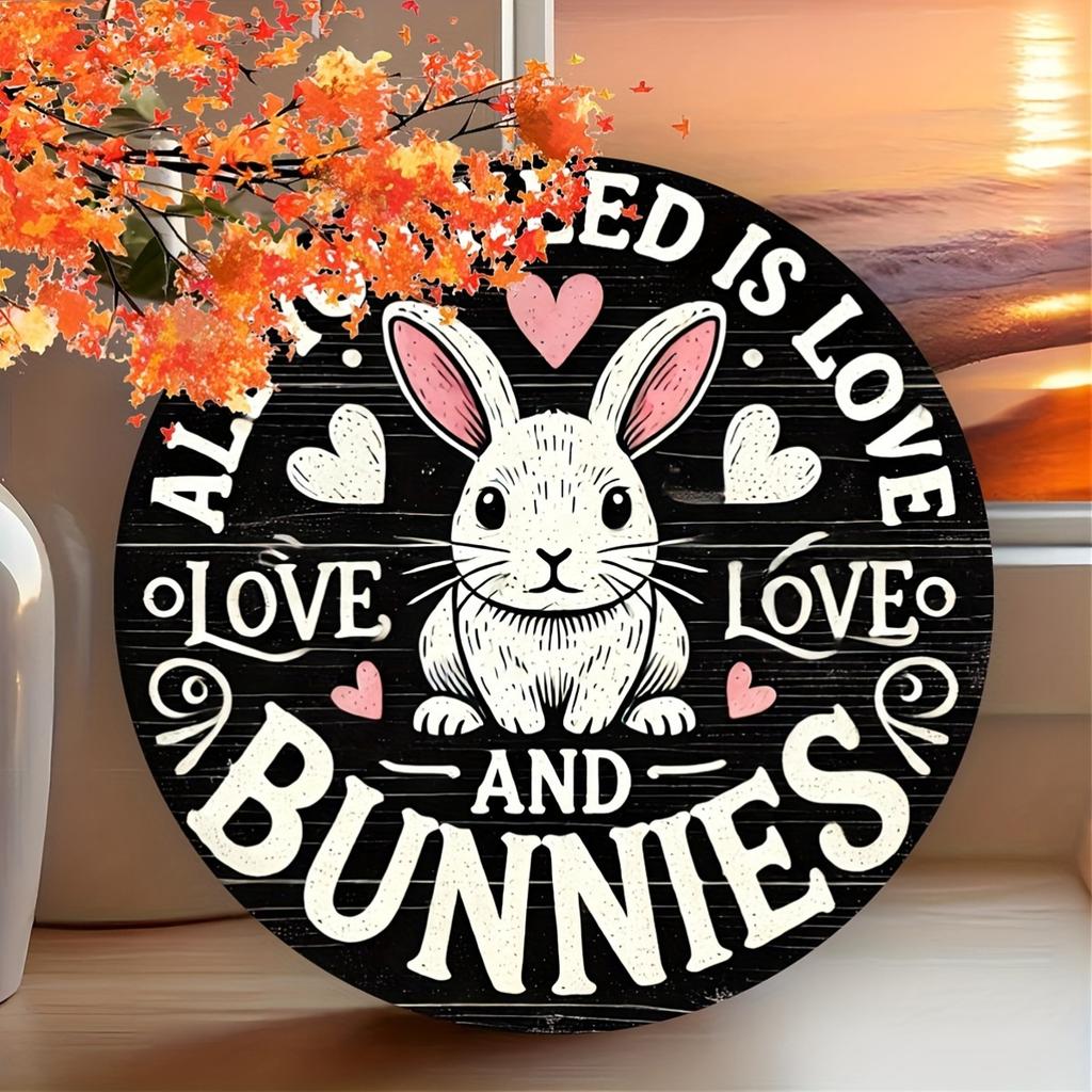Country Style Wooden Wreath Wall Decoration with Rabbit pattern-"All You Need Is Rabbit Company", Suitable for Home