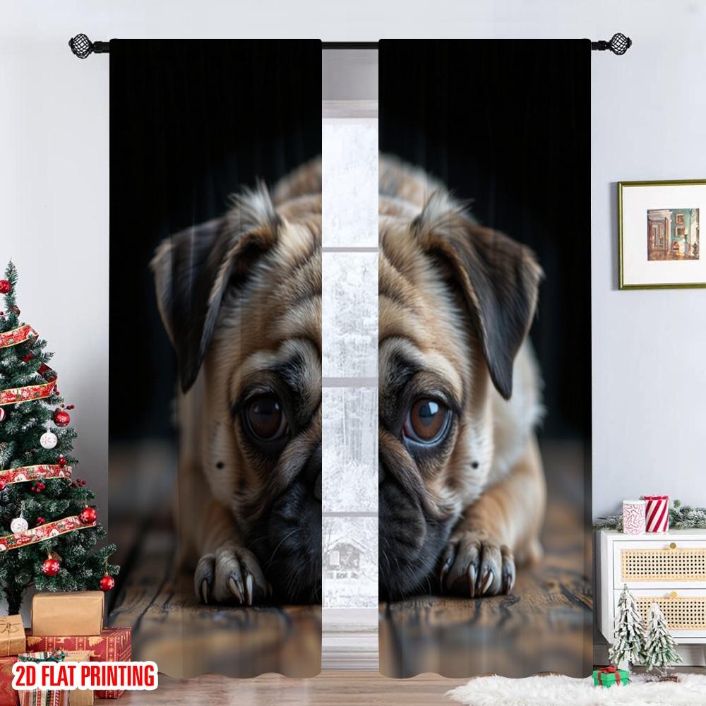 Flat Printing Window Treatment Curtains Cute Pug Puppy Portrait Digital Printed Polyester Drapes Family Party Decoration Curtain Set Of 2 Made