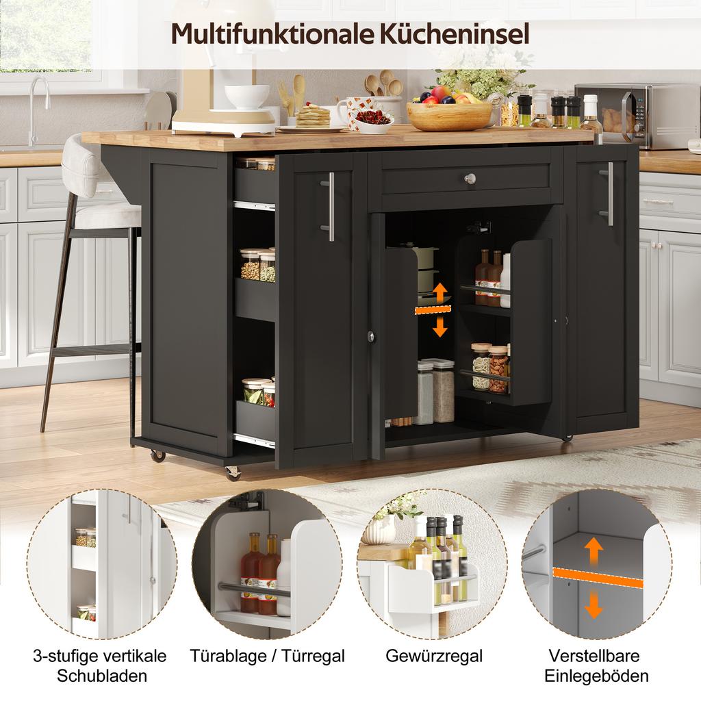 Isola Cucina Mobile con Piano di Lavoro Pieghevole, Carrello da Cucina con 3 Cassetti Verticali, 2 Ante con Ripiani e Ruote Bloccabili, 120 × 45 (70) × 87 cm