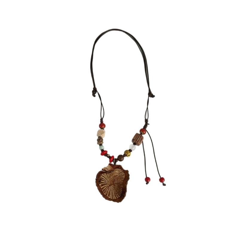 Natural Wood Pendant Necklace Handmade Ceramic Bead Zen Inspired Design Neckchain Adornment For Women 1