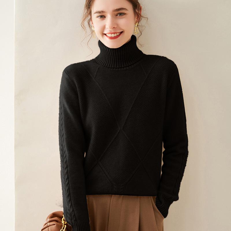 Cashmere Women's High-Neck Diamond Pattern Knit Sweater - Thickened Base Layer for Autumn/Winter Fashion