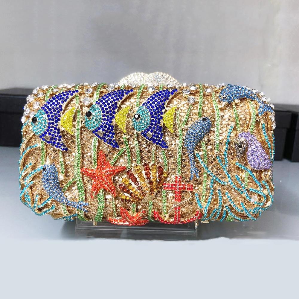 

Sea World Crystal Evening Bag Luxury Women Wedding Party Purse Blue/Orange Ladies Rhinestone Prom Dinner Handbags Minaudiere 18cmX12cmX9cm