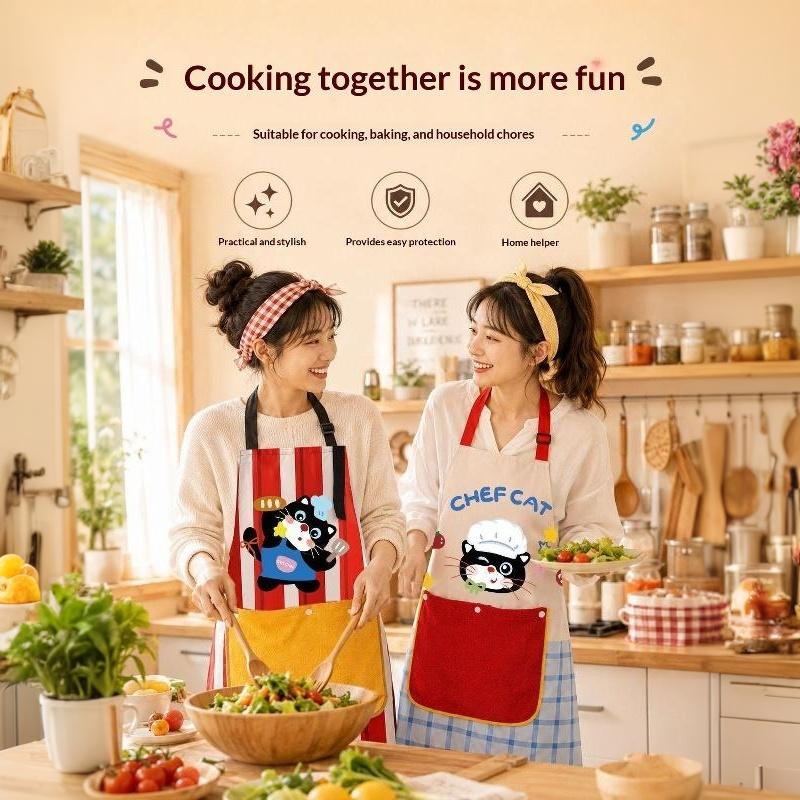 Cute Chef Cat Kitchen Apron Non-Toxic Fabric Adjustable Strap Big Pocket for Parent-Child Cooking Baking