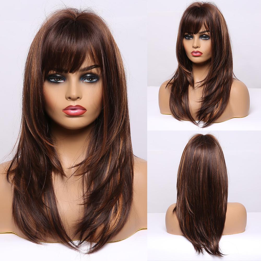 Long Wavy Layered Black-Brown Shoulder-Length Wigs With Bangs Heat Resistant Synthetic Wigs for Women Cosplay Daily Natural Wigs