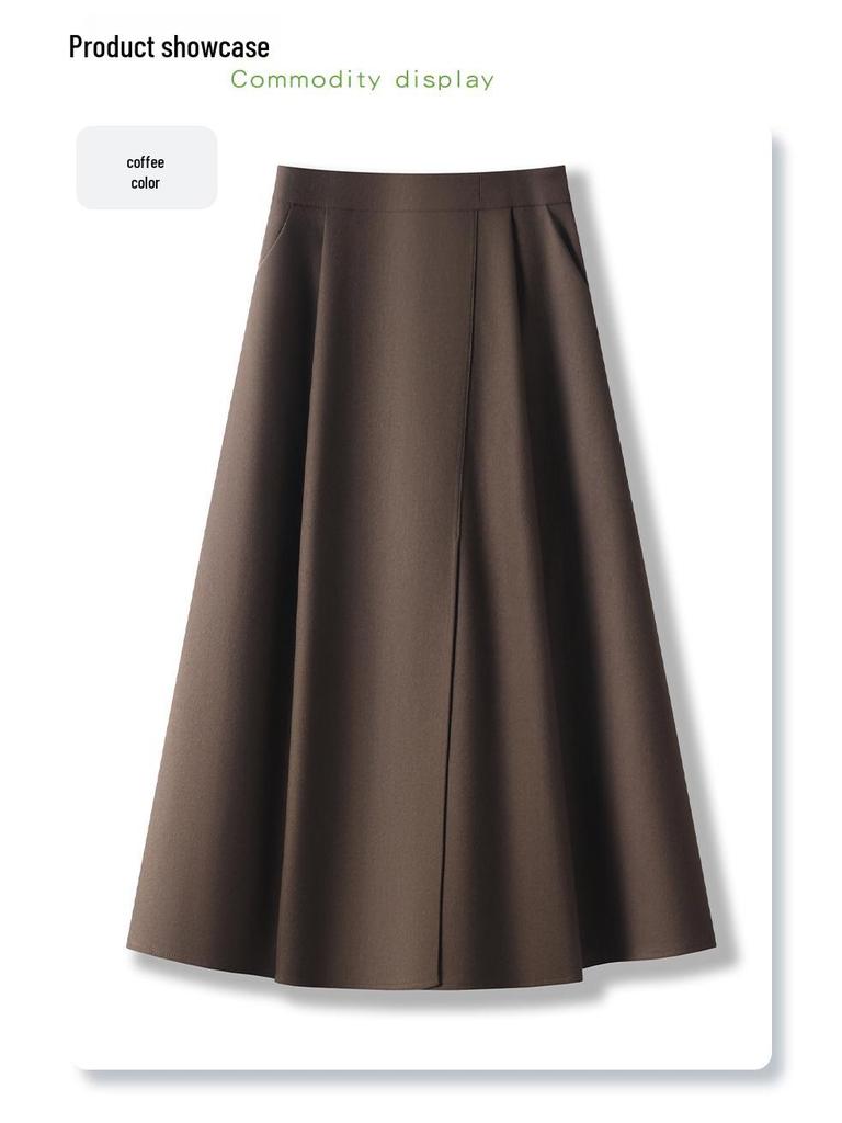 Women's Gray Pleated A-Line Midi Skirt - 2024 Fall/Winter, Elastic Waist, Slimming Fit