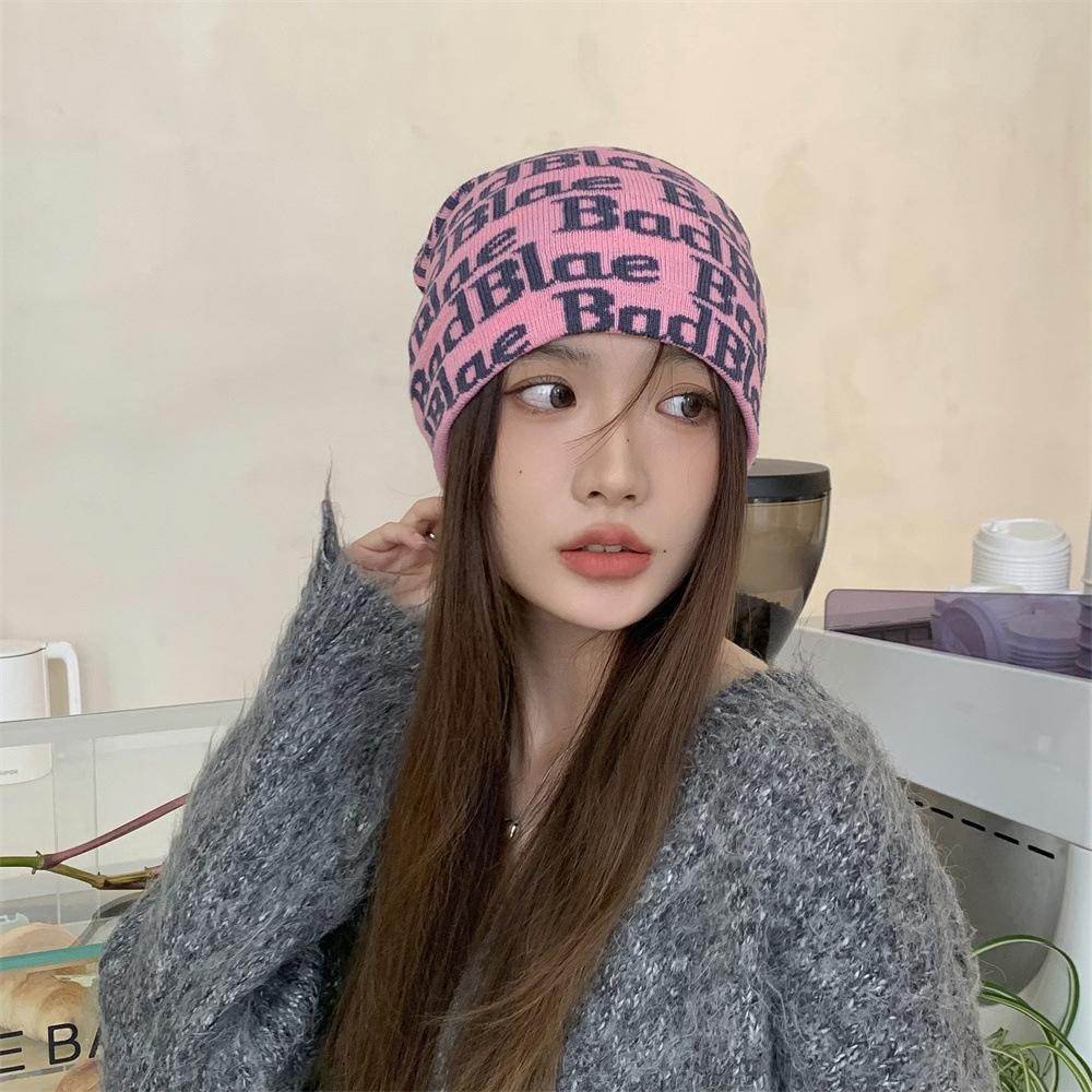 Niche street trendy brand personalized letter wool hat women's versatile pullover cold hat knitted melon fur hat men