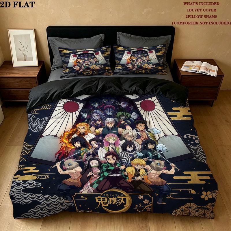 Set Copripiumino Trapuntato con Fantasia Demon Slayer Federa Cuscino Regalo di Compleanno per la Casa(1 * copripiumino + 2 * federa, senza nucleo)