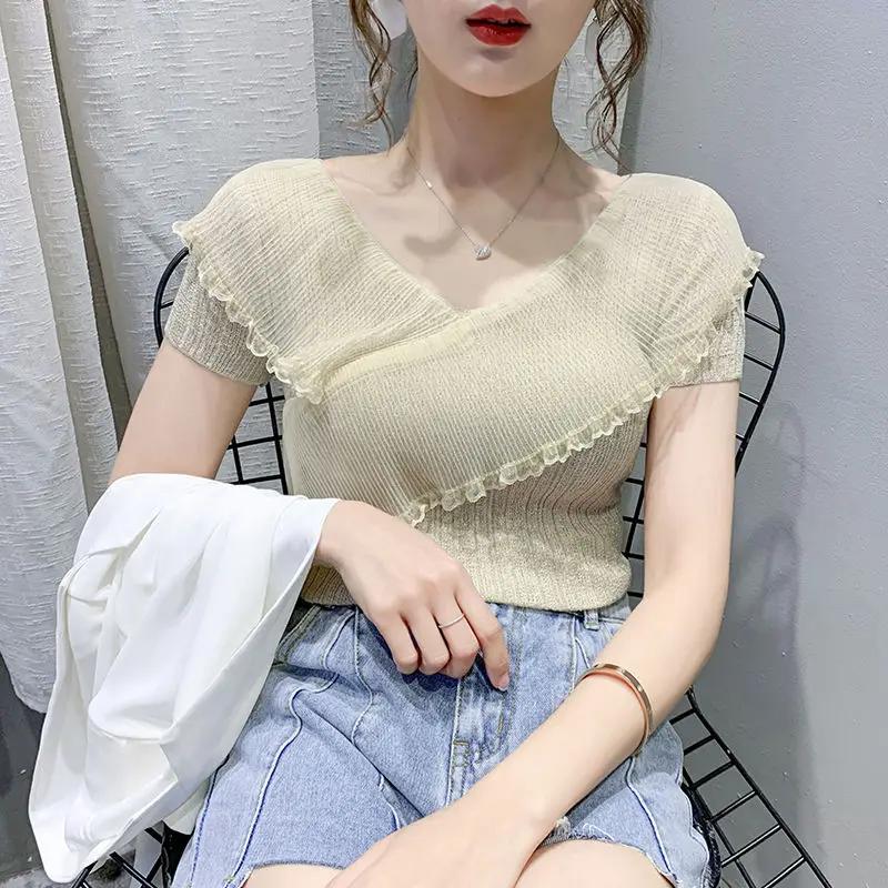 Summer New Gauze Ruffles Design Sense V-neck Ice Silk T-shirt Women Solid Short Sleeved Tops