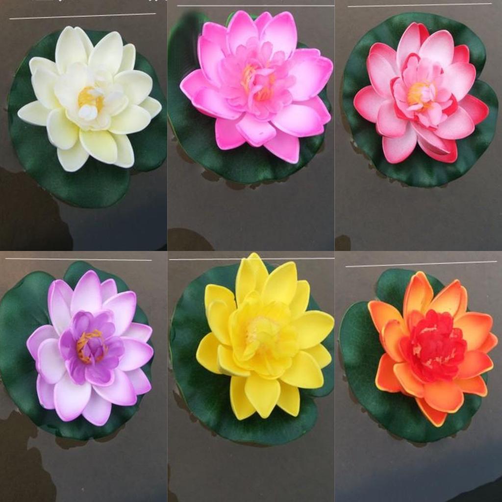 10cm Artificial Lotus Flowers Set of 6 Pcs Realistic Plastic Water Lily Decorations for Indoor Outdoor Use with Floating Green Leaf Base