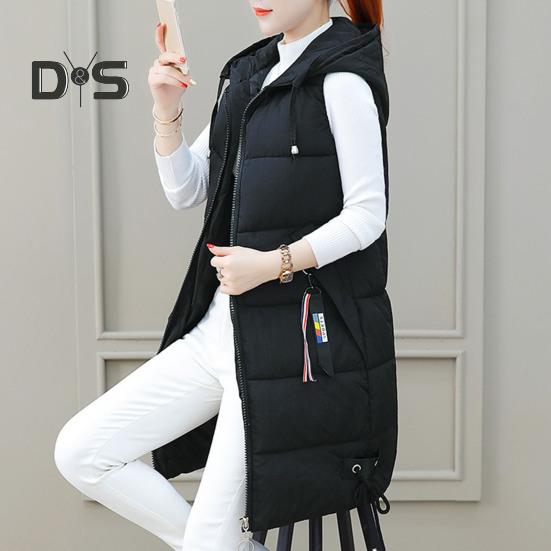 Fall Winter Cotton Vest Coat Mid Length Thickened Padded Sleeveless Zip Up Zipper Closure Drawstring Hooded Windproof Heat Retention Lady Waistcoat