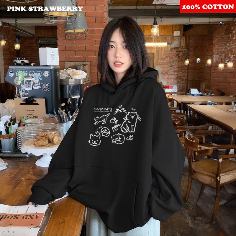 Cute Cat Print Hoodies Women Autumn Winter 2025 New Fashion Street Loose Casual Kangaroo Pouch Sweatshirt Y2K Top Kawaii Clothes