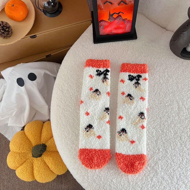 Halloween Coral Velvet Women's Socks Don't Shed Hair Cartoon Warm Middle Socks