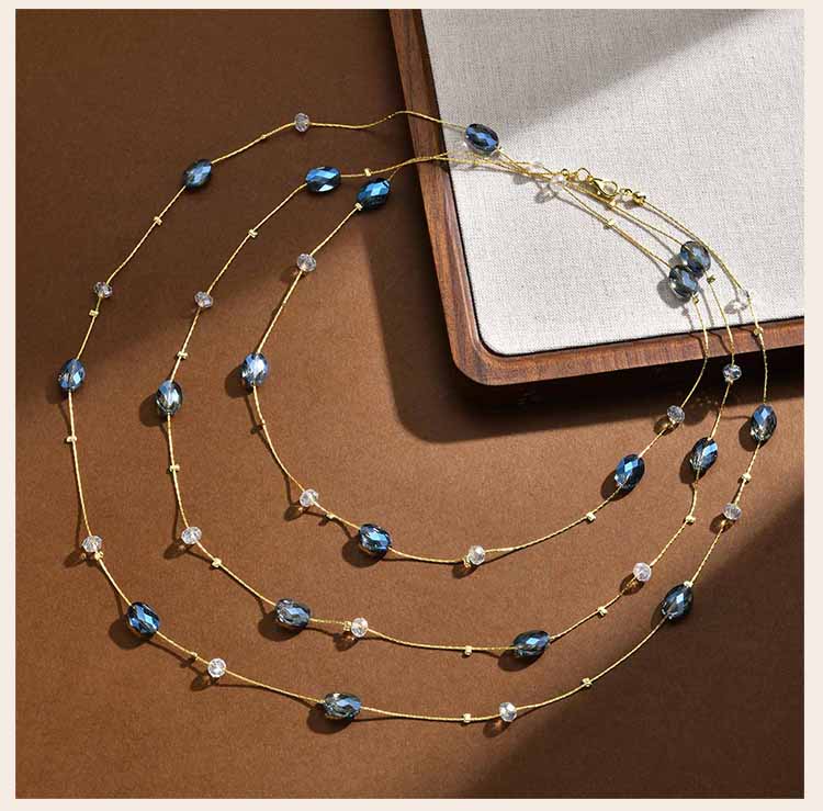 Long Blue Crystal Necklaces for Women, Layered Long Statement Necklace CZ Stone, Sweater Chain Jewelry