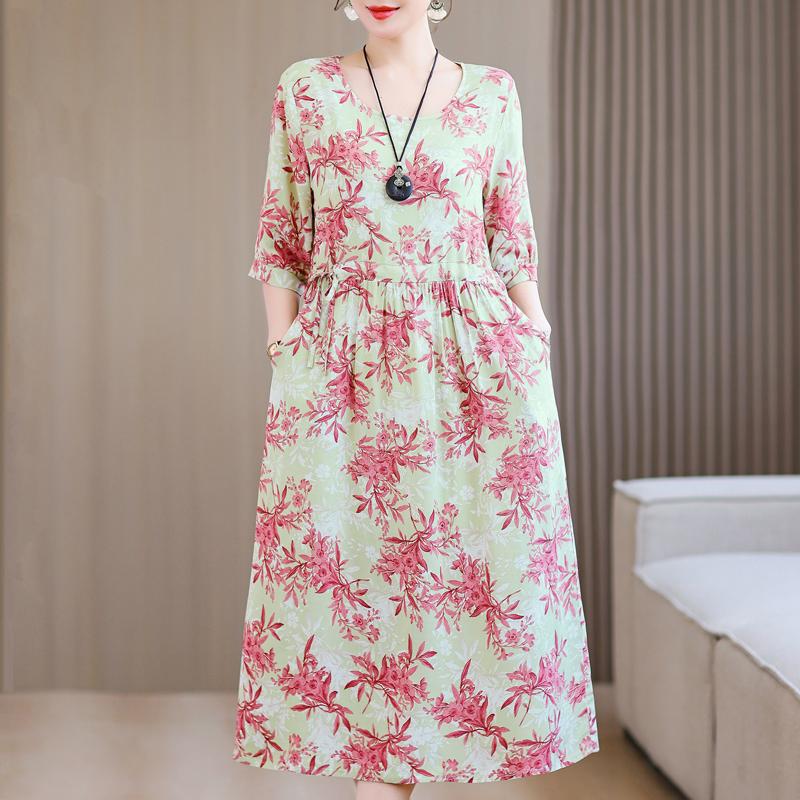 Casual Summer Women's Dresses  Plus Size Half Sleeve Vintage Print Long Dress Female