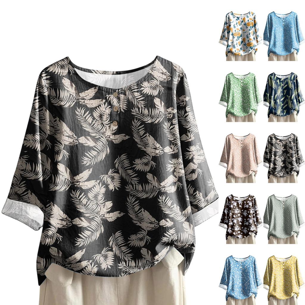 Women's Casual Three-quarter Sleeve Round Neck Gradient Color Printed Cotton And Linen Top