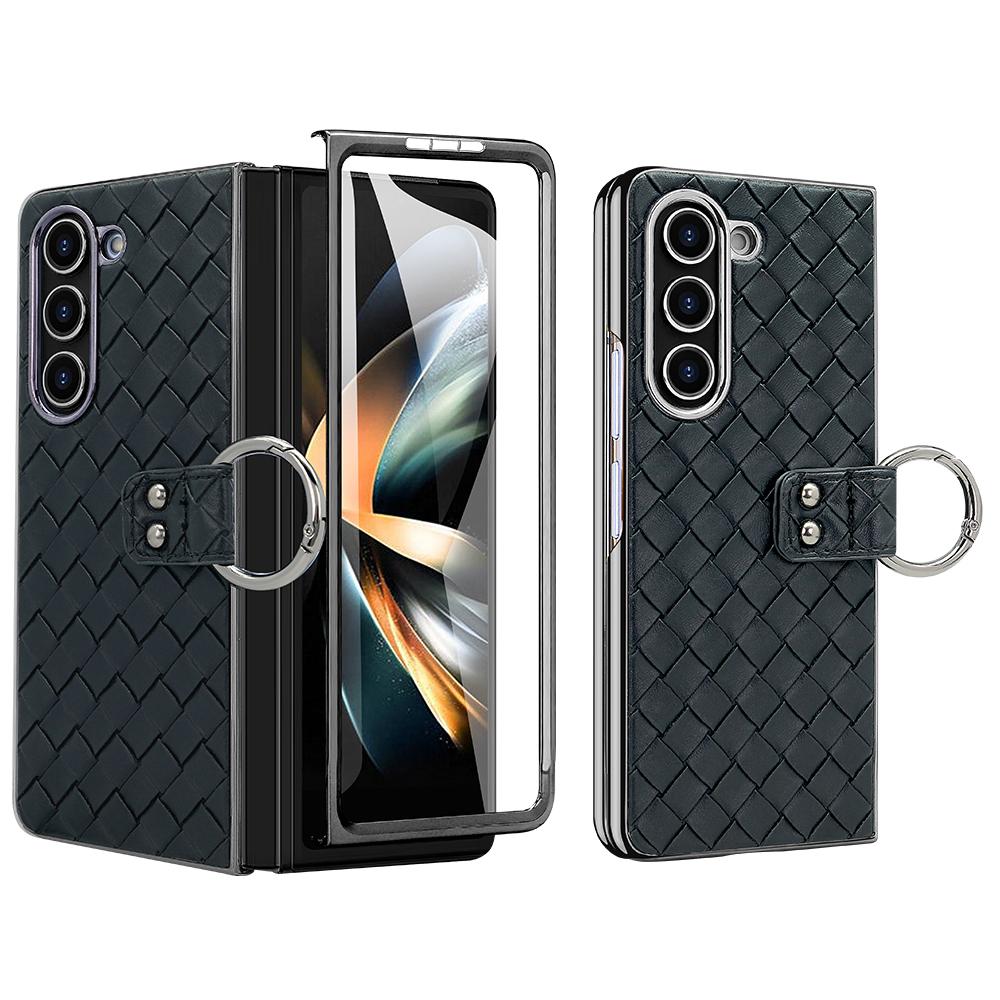 

For Samsung Galaxy Z Fold5 5G Case Woven Texture Leather+PC Phone Cover with Back Screen Film Black