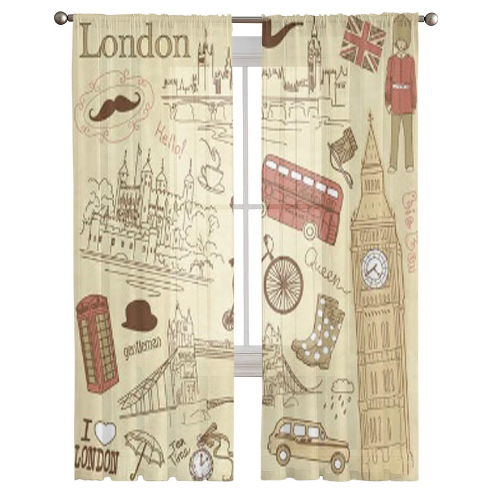 Vintage London Doodles Gardinen für Wohnzimmer Transparent Tüll Fenster Behandlungen Schlafzimmer Küche Home Decor Schleier Vorhänge