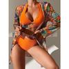 Neckholder Print Bikini Sets 3PCS Damen Badeanzug Mit Kimono Hohe Taille Bademode Weibliche Badegäste Baden Schwimmen Badeanzug Strandbekleidung