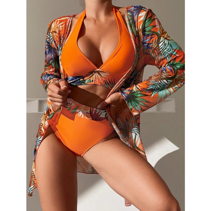 Neckholder Print Bikini Sets 3PCS Damen Badeanzug Mit Kimono Hohe Taille Bademode Weibliche Badegäste Baden Schwimmen Badeanzug Strandbekleidung