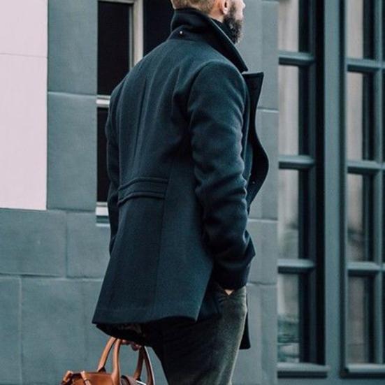 Men Fall Winter Trench Coat Double-breasted Solid Color Buttons Lapel Thick Long Sleeve Mid Length Cardigan British Style Windproof Men Jacket Coat