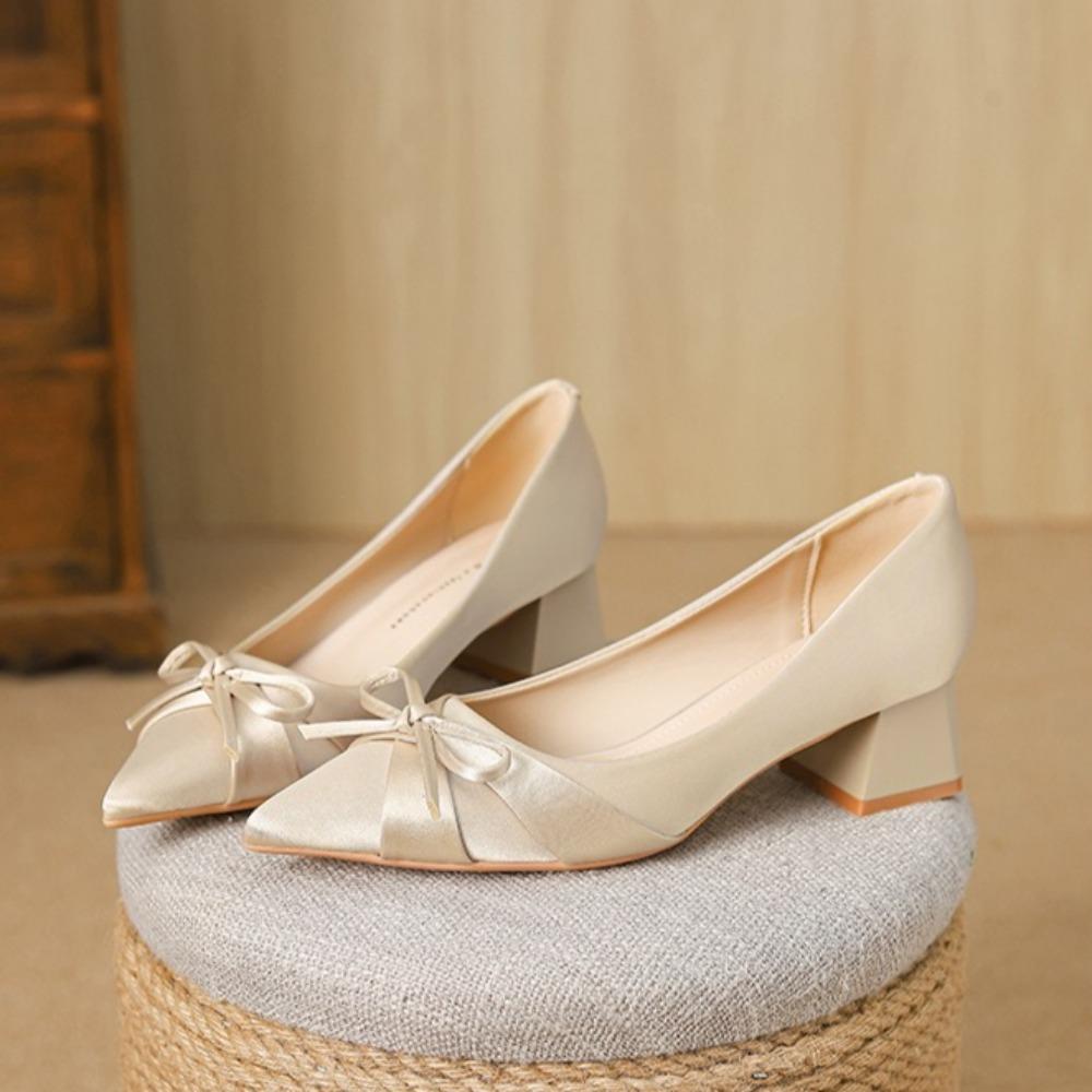 Black Heels Elegant Woman Heeled Shoes Show Thick Heel Pointed Women's Shoes 2026 New Bow Satin Middle Heel Single Shoes Women