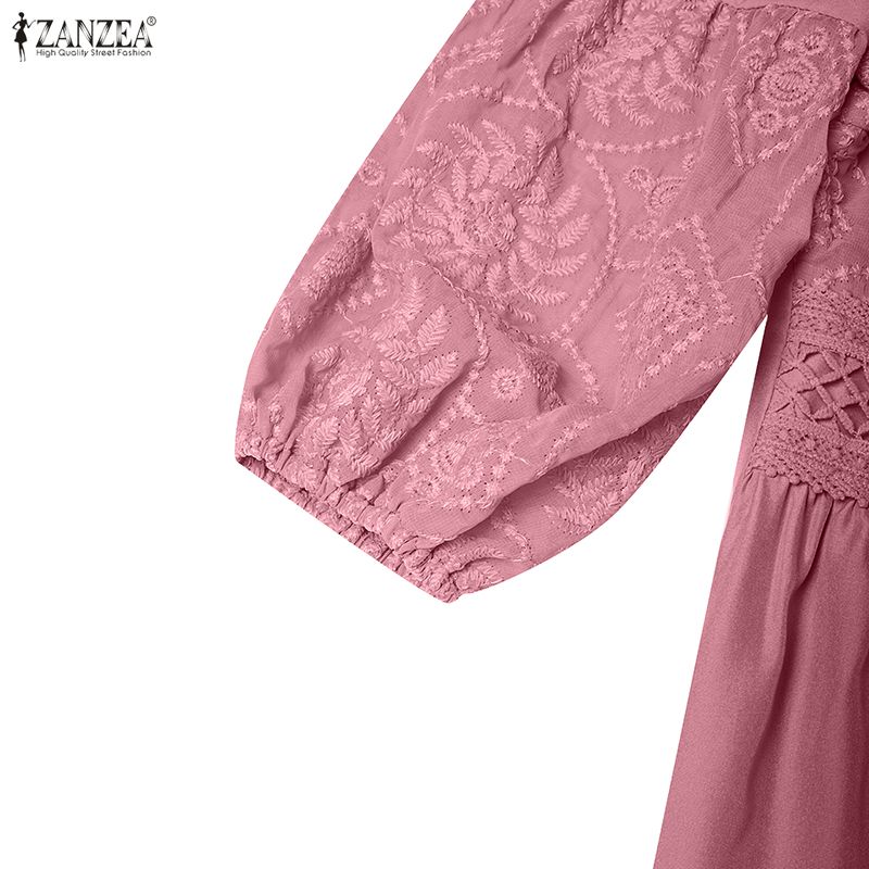 ZANZEA Women Casual V-Neck 3/4 Sleeve Loose Patchwork Embroidery Long Dress
