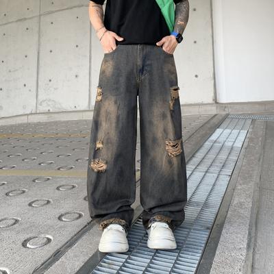 Ripped Jeans Men's Summer American Trend Brand Retro Loose Straight Casual Wide Leg Pants Men's Retro Straight