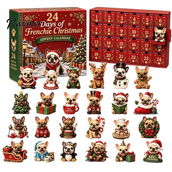 Pet Themed Holiday Gifts French Bulldog Advent Calendar, 24-Day Christmas Countdown Acrylic Ornament, Collectible Decorative Frenchie Charms Figurine