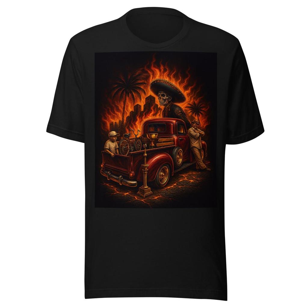 Mexican Skull Lowrider Art – Vintage Truck Scene with Sombrero Skeleton & Fire City Unisex t-shirt